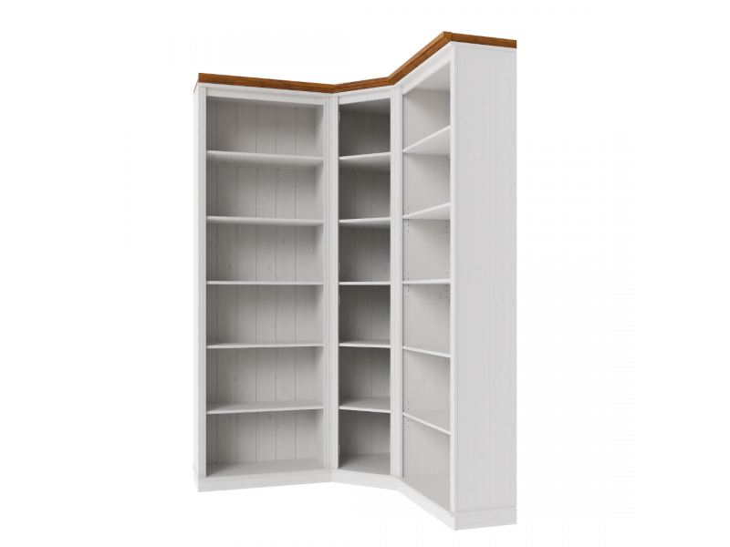 Kit com 3 estantes para canto em Madeira Maciça com 3 peças– Na cor branco lavado e mel | Coleção Biblioteca